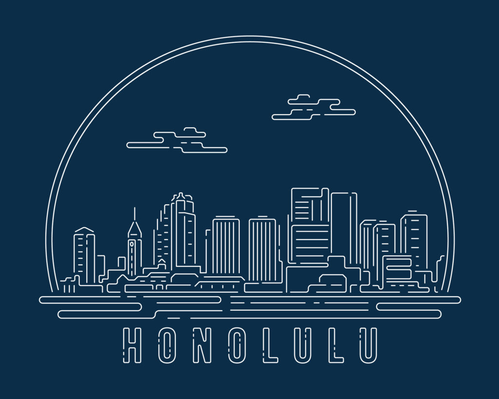 Honolulu - Cityscape with white abstract line corner curve modern style on dark blue background, building skyline city vector illustration design Honolulu - Cityscape with white abstract line corner curve modern style on dark blue background, building skyline city vector illustration design