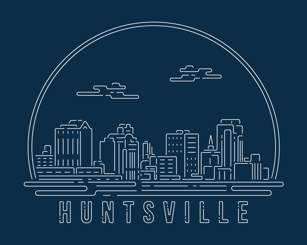 Huntsville - Cityscape with white abstract line corner curve modern style on dark blue background, building skyline city vector illustration design Huntsville - Cityscape with white abstract line corner curve modern style on dark blue background, building skyline city vector illustration design