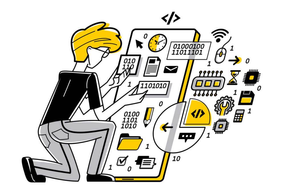 Programmer is coding and repairing some applications on phone, vector outline illustration, programming engineer working with app, sysadmin and coder. Programmer is coding and repairing some applications on phone, vector outline illustration, programming engineer working with app, sysadmin and coder.